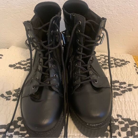 Demonia V-Creeper Black Platform Lace-Up Boots Vegan Leather - Picture 3 of 13